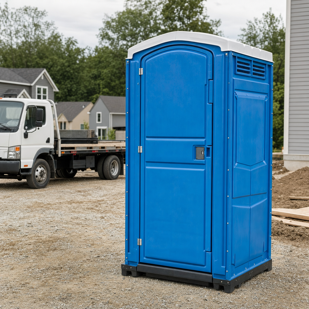 Delivery driver positioning a clean royal-blue portable toilet on level ground at a Livermore worksite