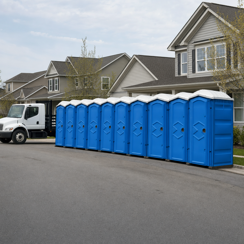 Royal blue portable toilets staged in a tidy row at a Livermore jobsite, ready for delivery